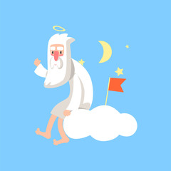 Illustration of bearded god character sitting on white cloud and surrounded with night stars, moon and red flag. Flat vector isolated on blue.