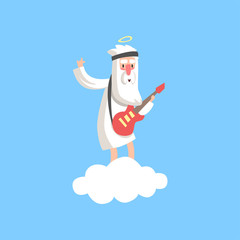 Happy god character standing on fluffy white cloud and playing guitar. Christian religious theme. Flat vector isolated on blue background.
