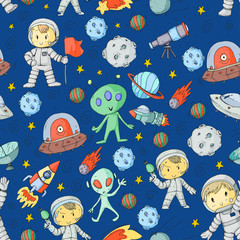 Moon surface. Kindergarten children play space exploration. Alien, ufo, spaceship. rocket. Children, boys and girls with moon, mars, saturn, jupiter