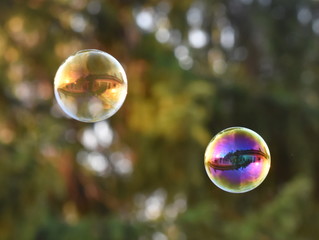 The reflection of a house in two  soap bubbles