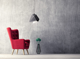 .modern living room  with  red armchair and lamp. scandinavian interior design .furniture. 3d render illustration - obrazy, fototapety, plakaty