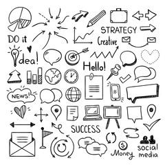 Office and business doodle icons for web design. Cute outline drawings for graphic design © redchocolatte