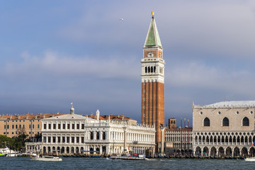 Fototapeta na wymiar Views of the Venice, with the Campanile di San Marco (St Mark's Campanile), the Biblioteca Nazionale Marciana (National Library of St Mark's) and the Palazzo Ducale (Doge's Palace)