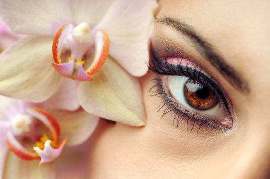 young pretty woman with flower orchid, makeup and eyeshadow 