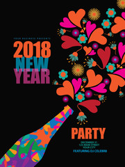 Happy New Year card, poster or invitation design. Psychedeic design with hearts and flowers and champagne. EPS 10 vector illustration.