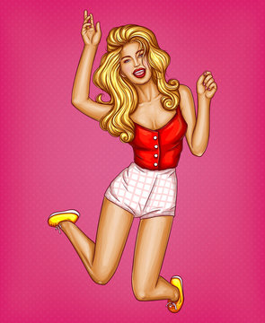 Vector pop art young girl jumping with hands up and laughing, carefree cheerful teenager dressed in red blouse and white shorts. Concept of happiness, joy, freedom.