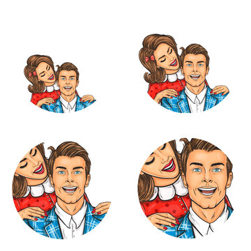 Set of vector pop art round avatar icons for users of social networking, blogs, profile icons. Adult brunette man and a woman hugging him from behind, family happiness