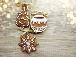 christmas cookies gingerbread and decoration on wooden background