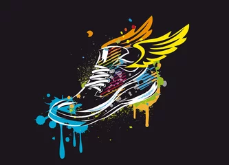 Foto op Plexiglas Ein buntes Sneaker Graffiti mit Flügel auf schwarzen Hintergrund © namosh