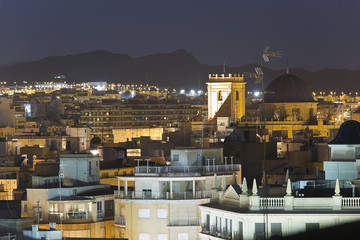 Cityscape of the city of Elche at night. Horizontal Shot