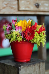 Arrangement of colorful flowers.