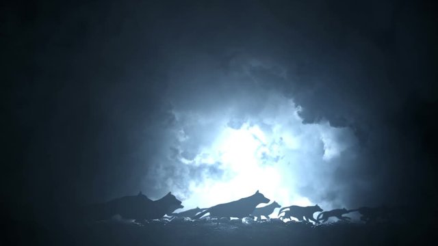 Big Pack of Wolves Running Through an Epic Lightning Storm