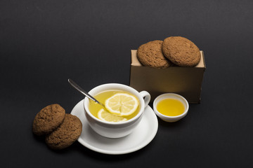 Nutrition and hot beverage concept. Cookies in carton box