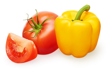 Red tomato with green leaf, slice and yellow bell pepper