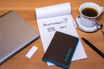 Office desk table with computer,note paper, coffee and flash memory.