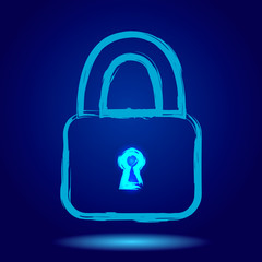 Lock blue glowing on dark blue background isolated. Vector eps 10.