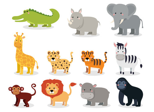 Wild animals set in flat style isolated on white background. Vector illustration. Cute cartoon animals collection: crocodile, rhinoceros, elephant, giraffe, leopard, tiger, zebra, monkey, lion, hippo