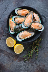 Cast-iron pan with raw fresh kiwi mussels over cracked asphalt background, above view with space