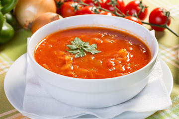 Close up of healthy vegetable soup with ingredients