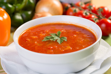 Close up of healthy vegetable soup with ingredients
