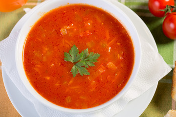 Close up of healthy vegetable soup with ingredients