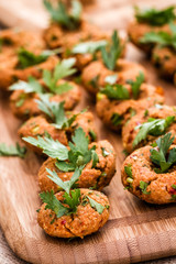 Turkish Style Vegetarian Lentil Meatballs Served on a Wooden Tray