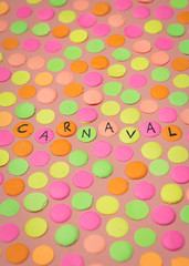 Carnaval party background concept. Space for text, copyspace. Hand written the word Carnaval