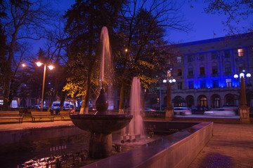 Fountain in the night park. Late Autumn Night in the Park