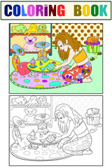 Children coloring vector girl in childrens room playing with dolls
