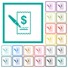 Signing Dollar cheque flat color icons with quadrant frames