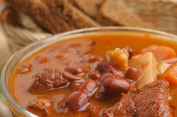 Bean soup and bread close-up