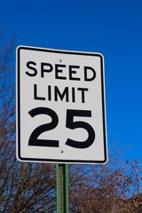 A close view on a speed limit sign with the sky and the trees in the background.