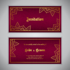 Luxury wedding invitation with golden ornament. Vector illustration