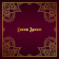 Greeting card, invitation or flyer template with golden mandala ornament. Hand drawn vector illustration