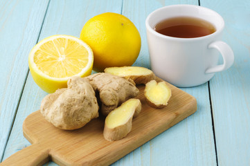 Lemons, ginger, tea, medicine for colds