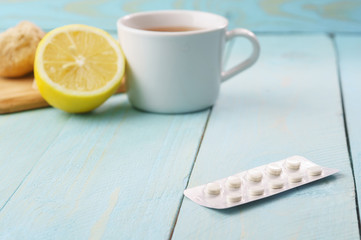 Drug for cold, tea with lemon and ginger