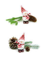 toy snowman and fir cone on a branch on white background