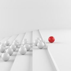 Leadership concept, red leader ball, standing out from the crowd of whites. 3D Rendering