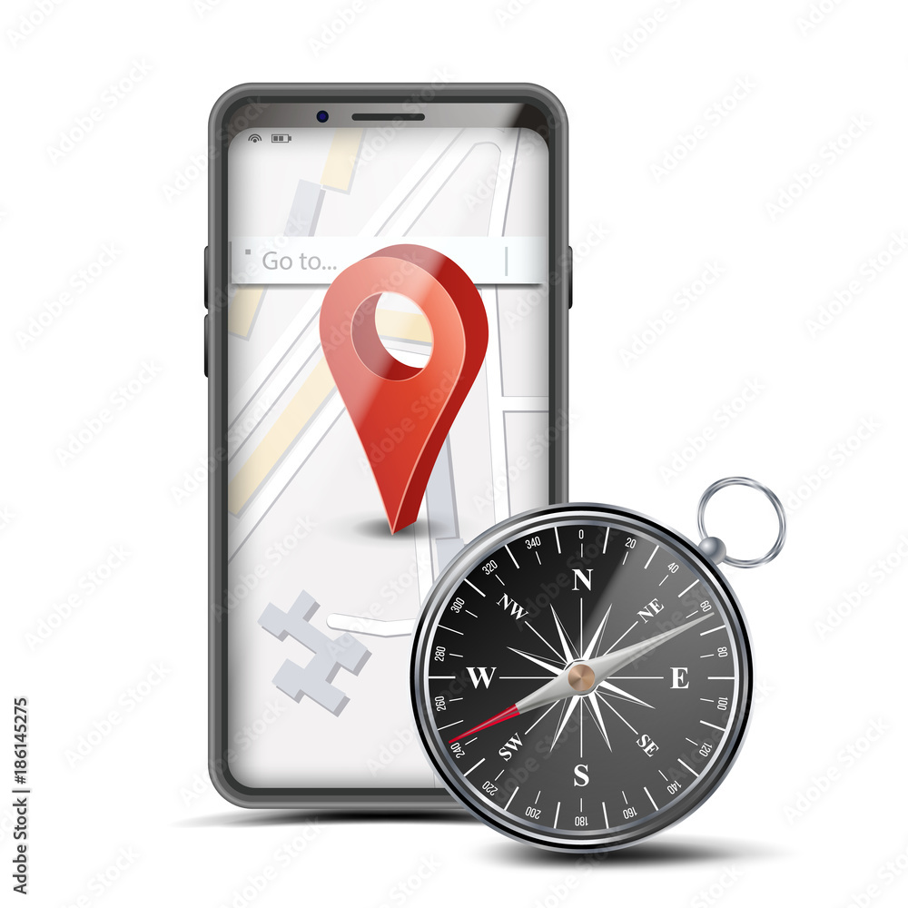 Poster gps app concept vector. mobile smart phone with gps map and navigation map compass. pcs navigation s