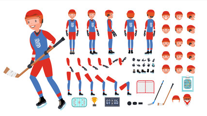 Fototapeta premium Ice Hockey Player Vector. Animated Character Creation Set. Ice Hockey Tools And Equipment. Full Length, Front, Side, Back View, Accessories, Poses, Face Emotions. Isolated Flat Cartoon Illustration