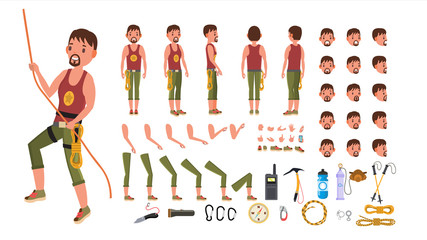 Rock Climber Male Vector. Animated Character Creation Set. Professional Mountain Climber Man. Full Length, Front, Side, Back View, Accessories, Poses, Face Emotions. Isolated Flat Cartoon Illustration