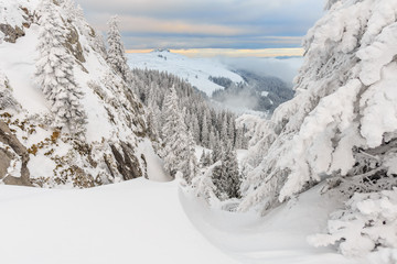 Fototapeta na wymiar Beautiful view of Rarau Mountains covered with snow during winter