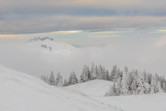 Rarau Mountains during winter covered in snow