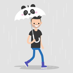 Young character walking under an umbrella with a panda muzzle. Spring showers. Flat editable vector illustration, clip art