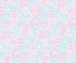 Raamstickers Hand drawn vector illustration of pale rosy and blue color ice cream. Seamless pattern with different ice cream for surface design, fabric, wrapping paper. © galyna_p