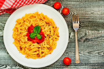 Traditional Italian pasta or fussili bolognese
