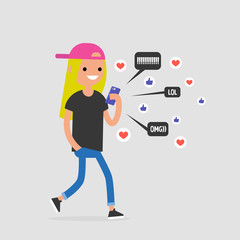 Young female walking character checking the pop up notifications on the mobile phone. Millennial lifestyle. Internet. Flat editable vector illustration, clip art