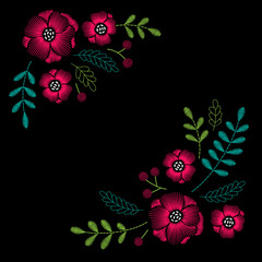 Embroidery corner floral pattern with poppies, branches and berries