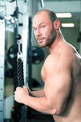 Naklejka na ściany i meble Junger Bodybuilder trainiert im Fitnessstudio seine Muskeln mit Kurzhanteln, am Kabelzug und macht Klimmzüge. Bizeps, Trizeps, Latissimus