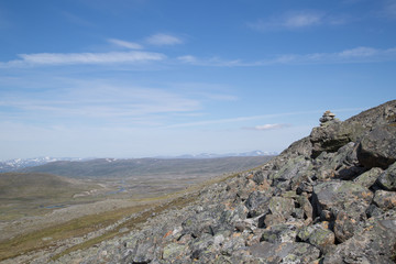 Haltitunturi, cairn, hiking trail to halti summit, near lake Guolasjávri, summer 